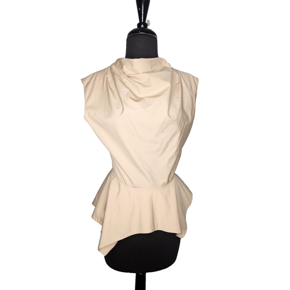 SALON 1884 Women's Sleeveless Top 36/4 Khaki Peplum High Neck Cotton Structured